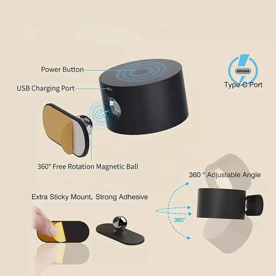 Lampada da parete a 360° - Senza fili, ricaricabile USB e 3 livelli di luminosità per un'illuminazione flessibile