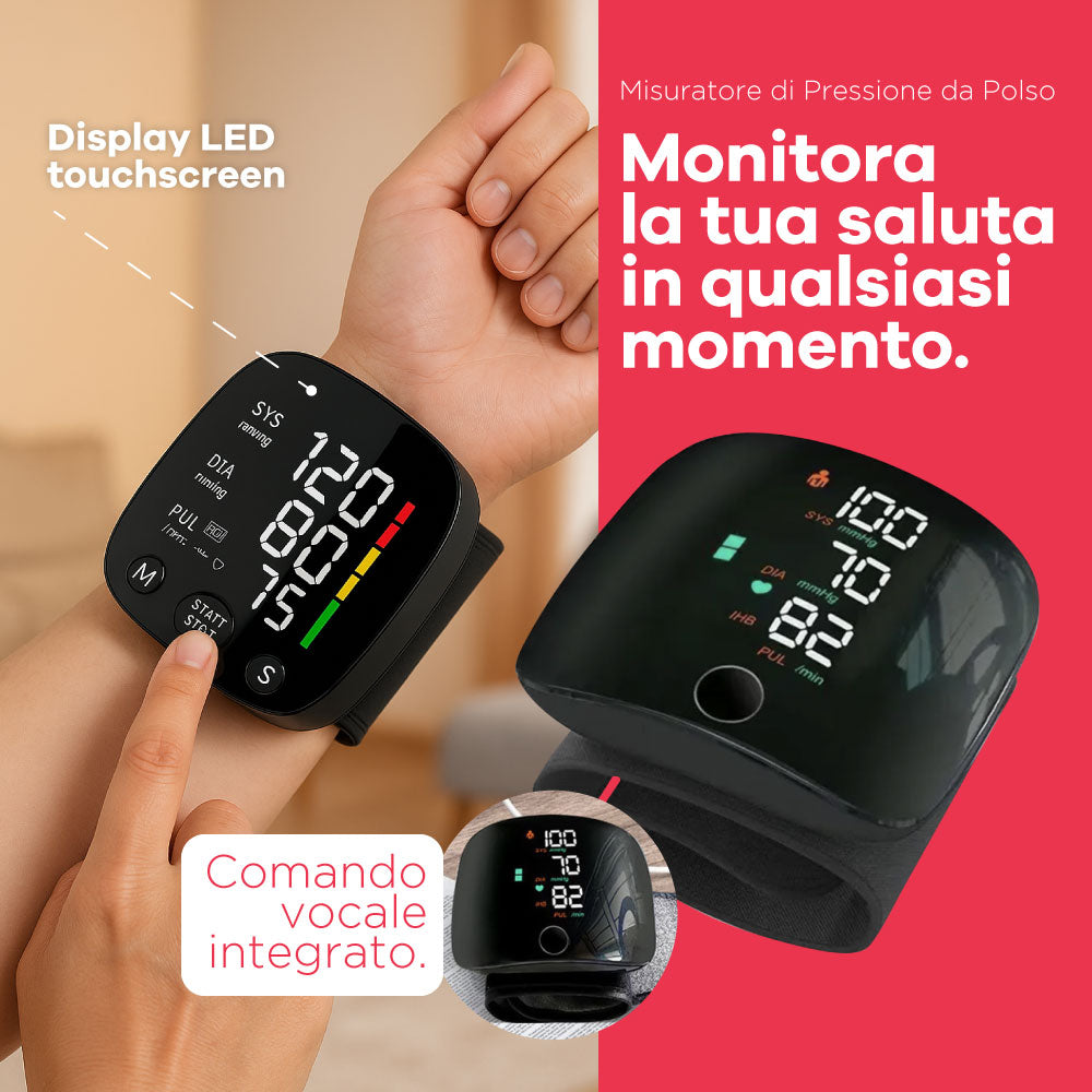 Misuratore di Pressione da Polso con Display LED Touchscreen & Voice Report in Italiano