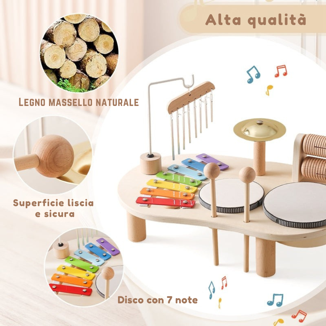 Tavolo Musicale in Legno Educativo per Bambini – Include xilofono, tamburi e piatti!