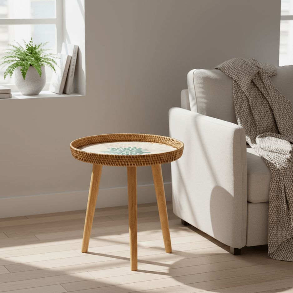 RATTORA – Tavolo in rattan fatto a mano in stile scandinavo realizzato in legno