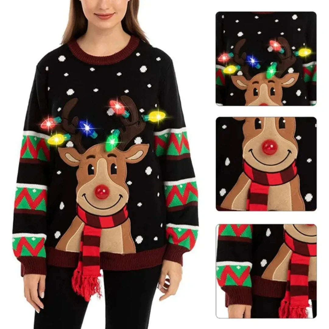Maglione natalizio da donna con luci LED, maglia calda