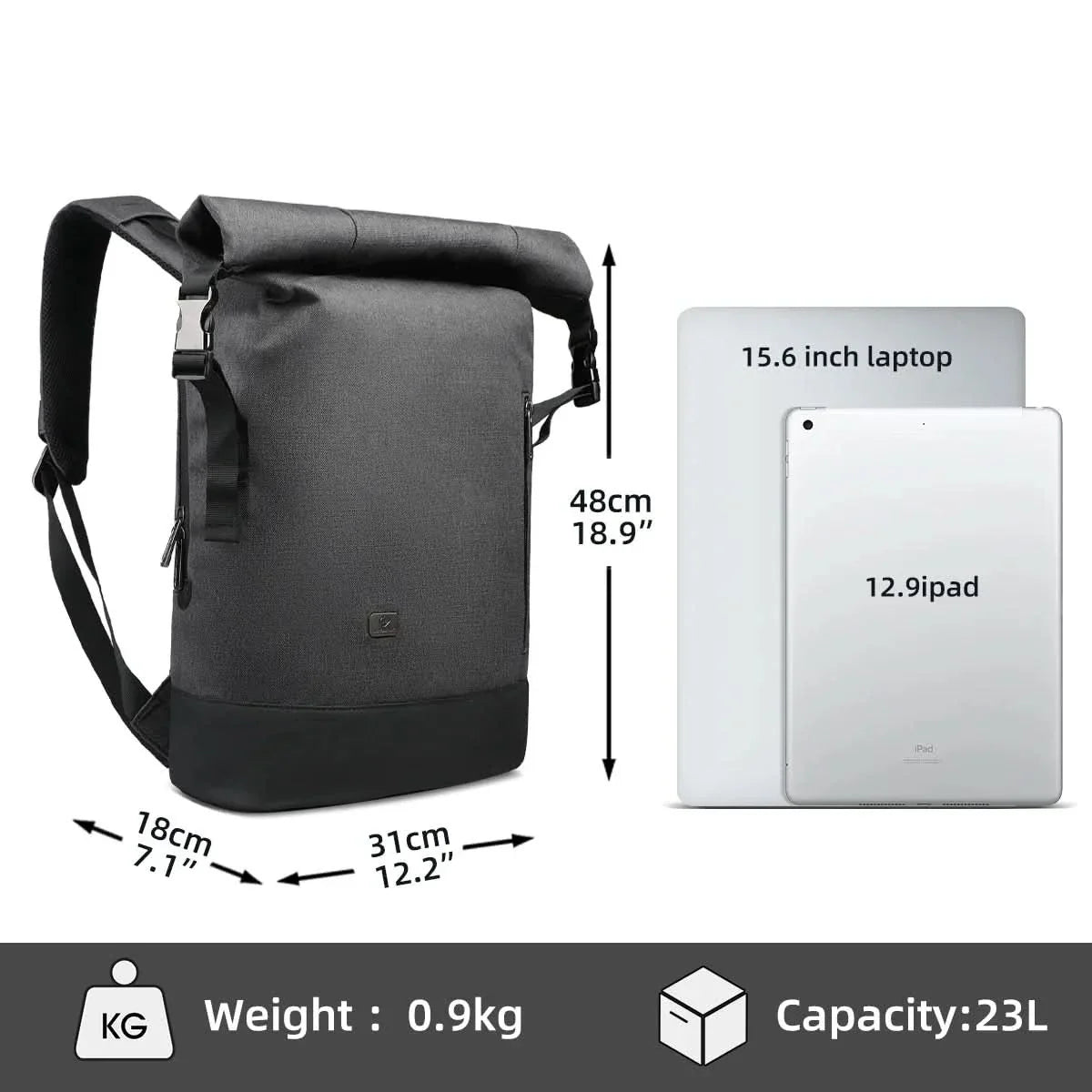 URBANTRAIL Rolltop - Zaino multifunzionale da esterno con porta USB
