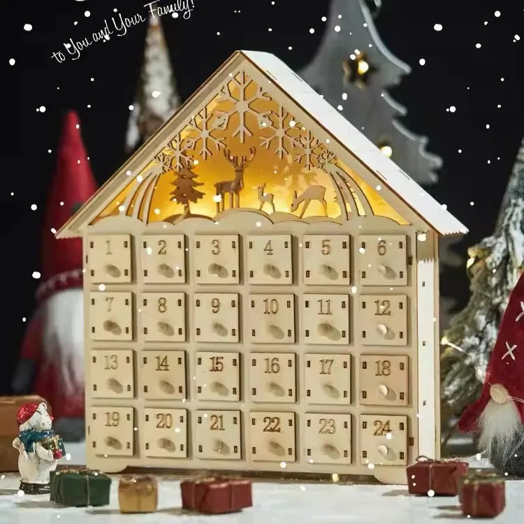 TimberGlow | Elegante calendario dell'Avvento in legno con luci decorative natalizie