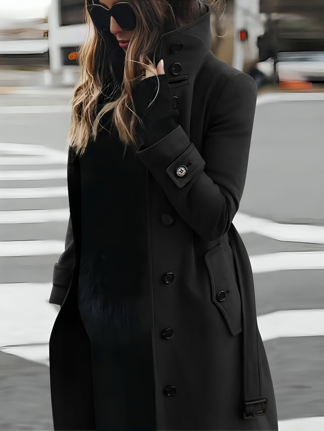 Cappotto da donna lungo elegante con cintura e bottoni – stile classico e impermeable
