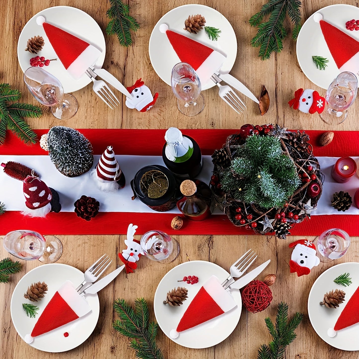 Decorazione da tavola natalizia – Set di copribestek a forma di mini cappelli di Natale