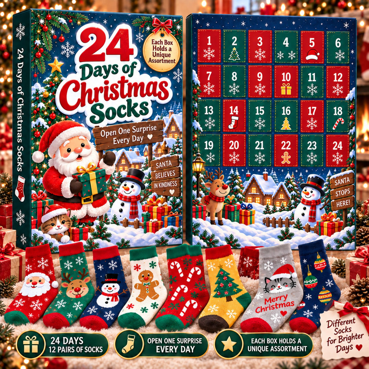 Calendario dell'Avvento con calzini di Natale 24 giorni, confezione regalo misteriosa da 12 paia, fantasie festive casua