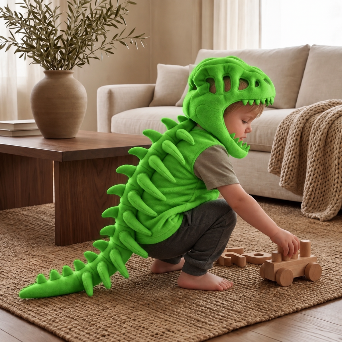 Cappuccio peluche teschio di dinosauro per bambini con spina dorsale scheletro