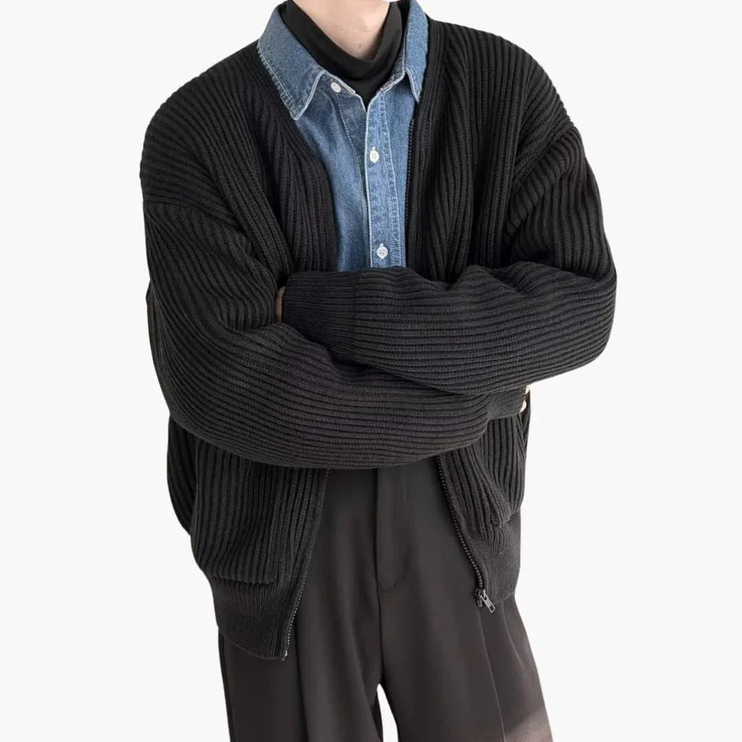 Cardigan da uomo con zip in maglia a coste, girocollo senza colletto e due tasche applicate, 5 colori, taglie dalla XS a