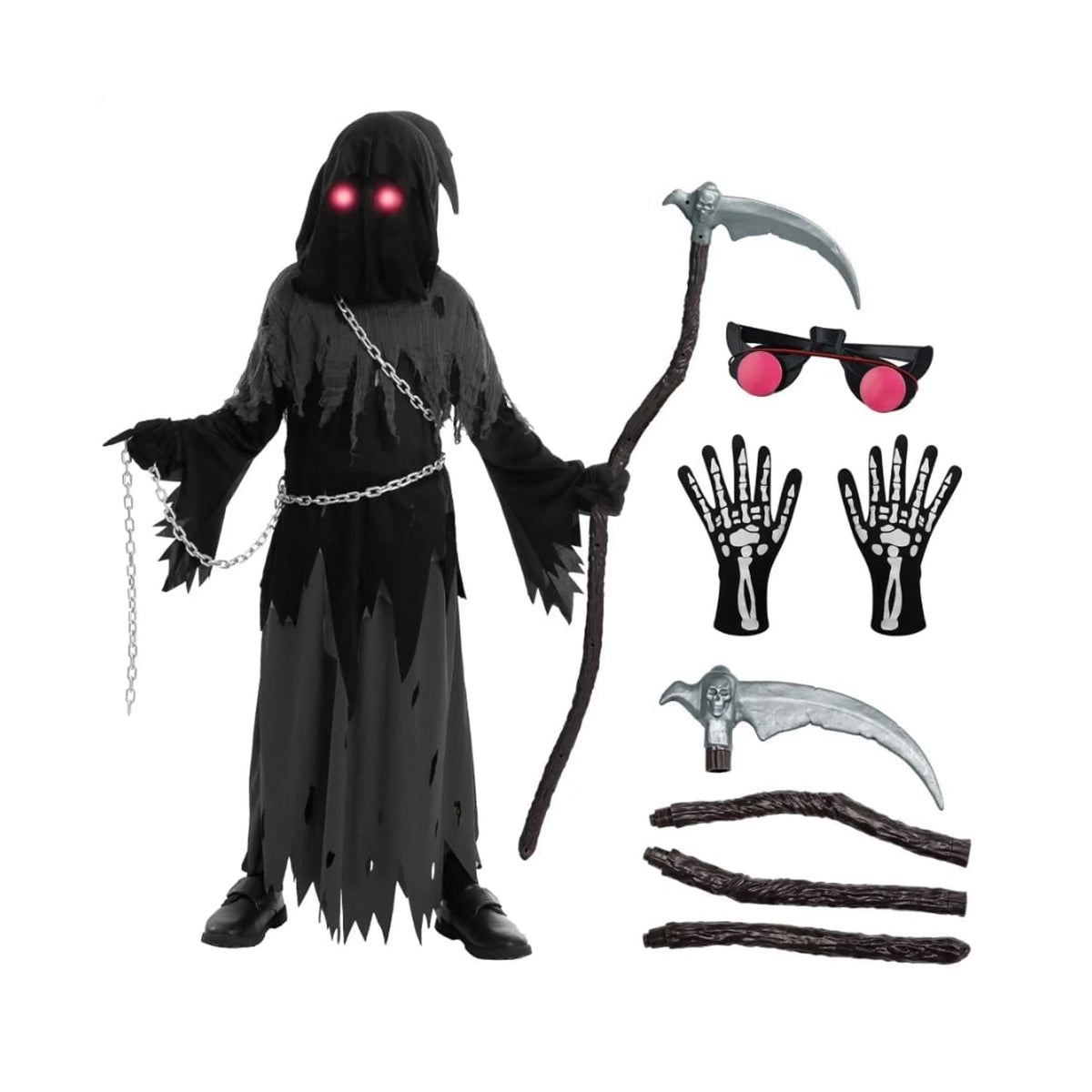 Costume Halloween Bambini Mietitore con Tunica Cappuccio e Occhi Luminosi