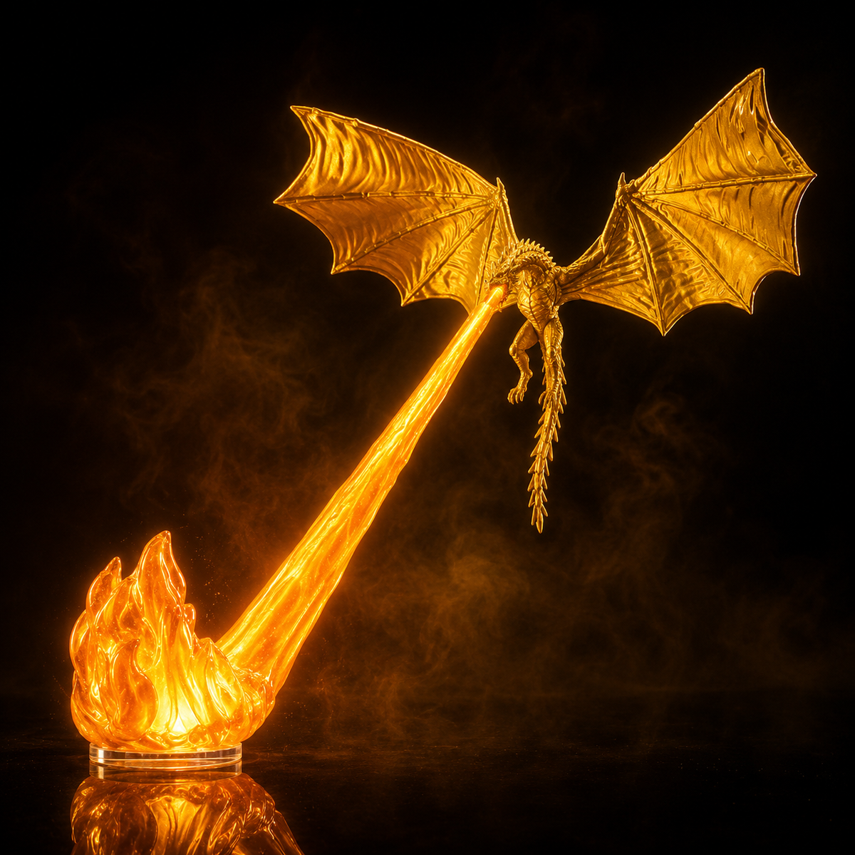 Decorazione drago volante con fiamma, effetto fuoco illuminato, stanze fantasy