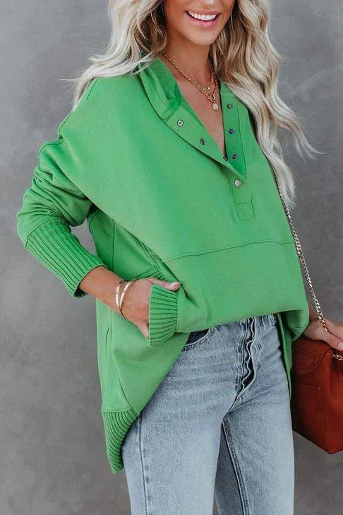 Felpa lunga da donna, tunica oversize con scollo a V con bottoni automatici e tasca a marsupio, 8 colori, taglie dalla S