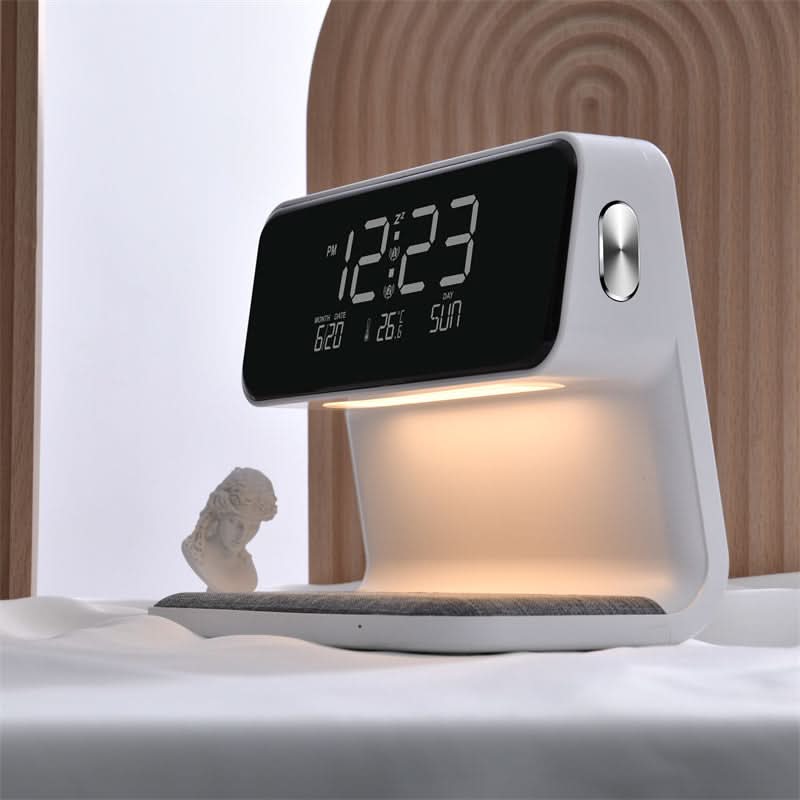 Lampada da comodino con caricatore wireless e sveglia | LED dimmerabile a 3 livelli, ricarica rapida Qi | Display LCD, s