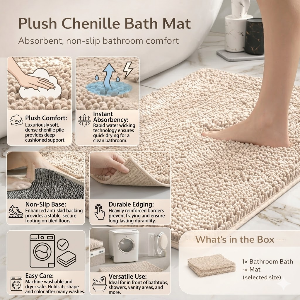 Tappeto da bagno antiscivolo in ciniglia morbida — spesso pile in microfibra, superficie assorbente