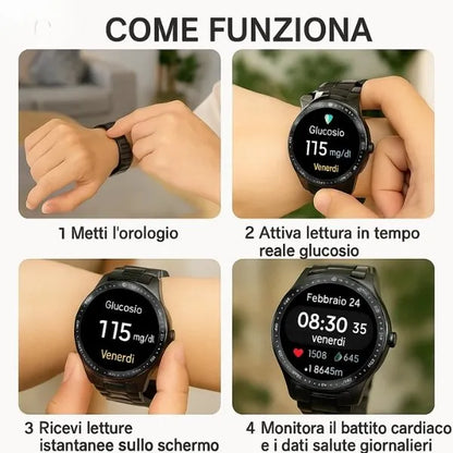 Smartwatch Innovativo | Monitoraggio Glicemia Non Invasivo con Bluetooth | Impermeabile IP67 per Controllo Salute e Fitness