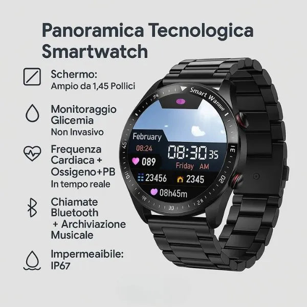 Smartwatch Innovativo | Monitoraggio Glicemia Non Invasivo con Bluetooth | Impermeabile IP67 per Controllo Salute e Fitness