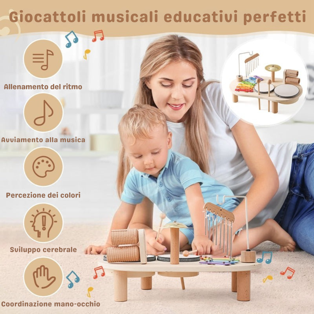 Tavolo Musicale in Legno Educativo per Bambini – Include xilofono, tamburi e piatti!