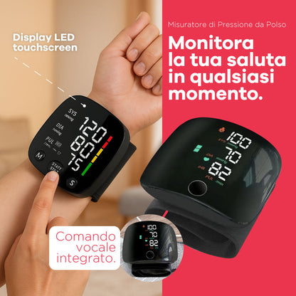 Misuratore di Pressione da Polso con Display LED Touchscreen & Voice Report in Italiano
