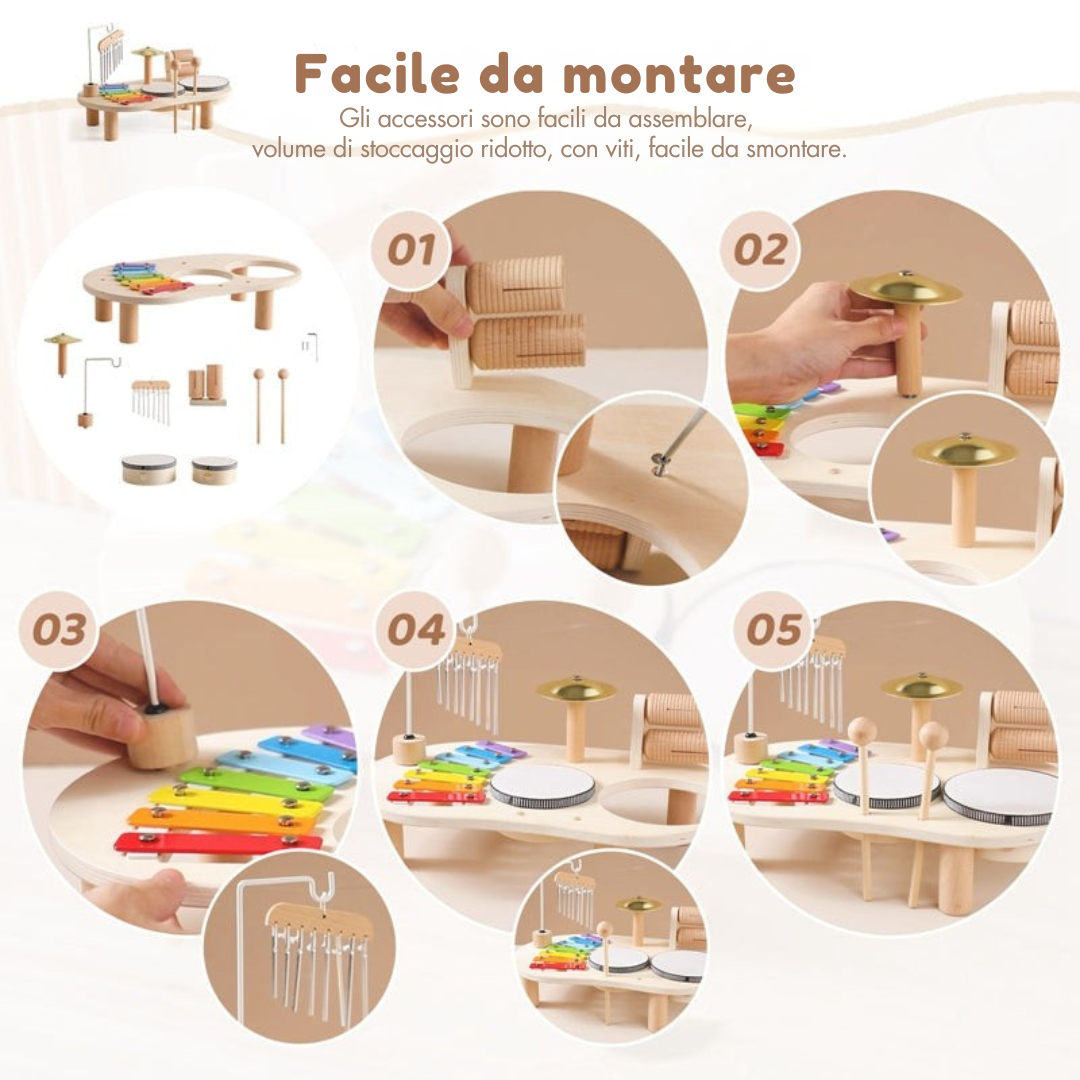 Tavolo Musicale in Legno Educativo per Bambini – Include xilofono, tamburi e piatti!