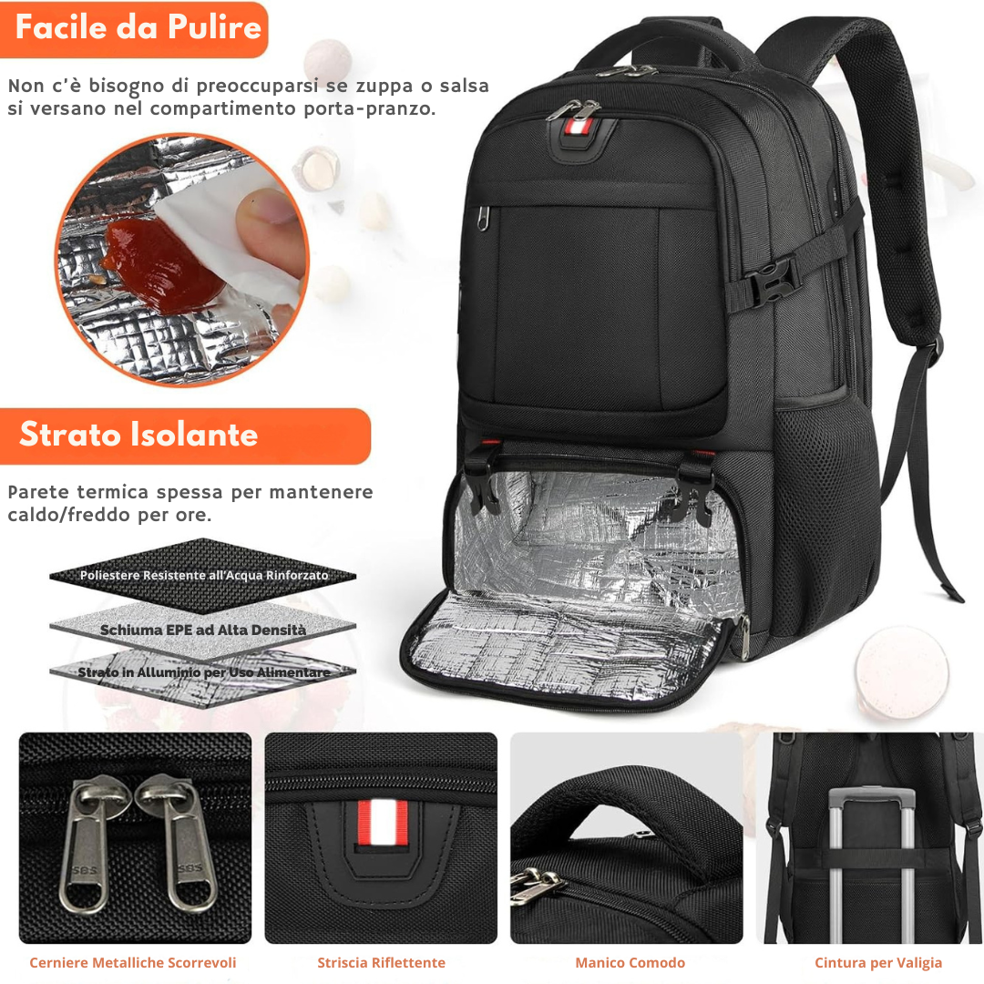 Zaino da Viaggio Extra Large per Pranzo e Laptop con Porta di Ricarica USB