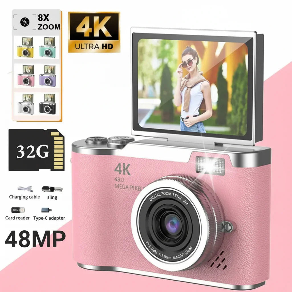Fotocamera digitale 4K con schermo orientabile, 48 MP, zoom ottico 8x, compatta per foto e video