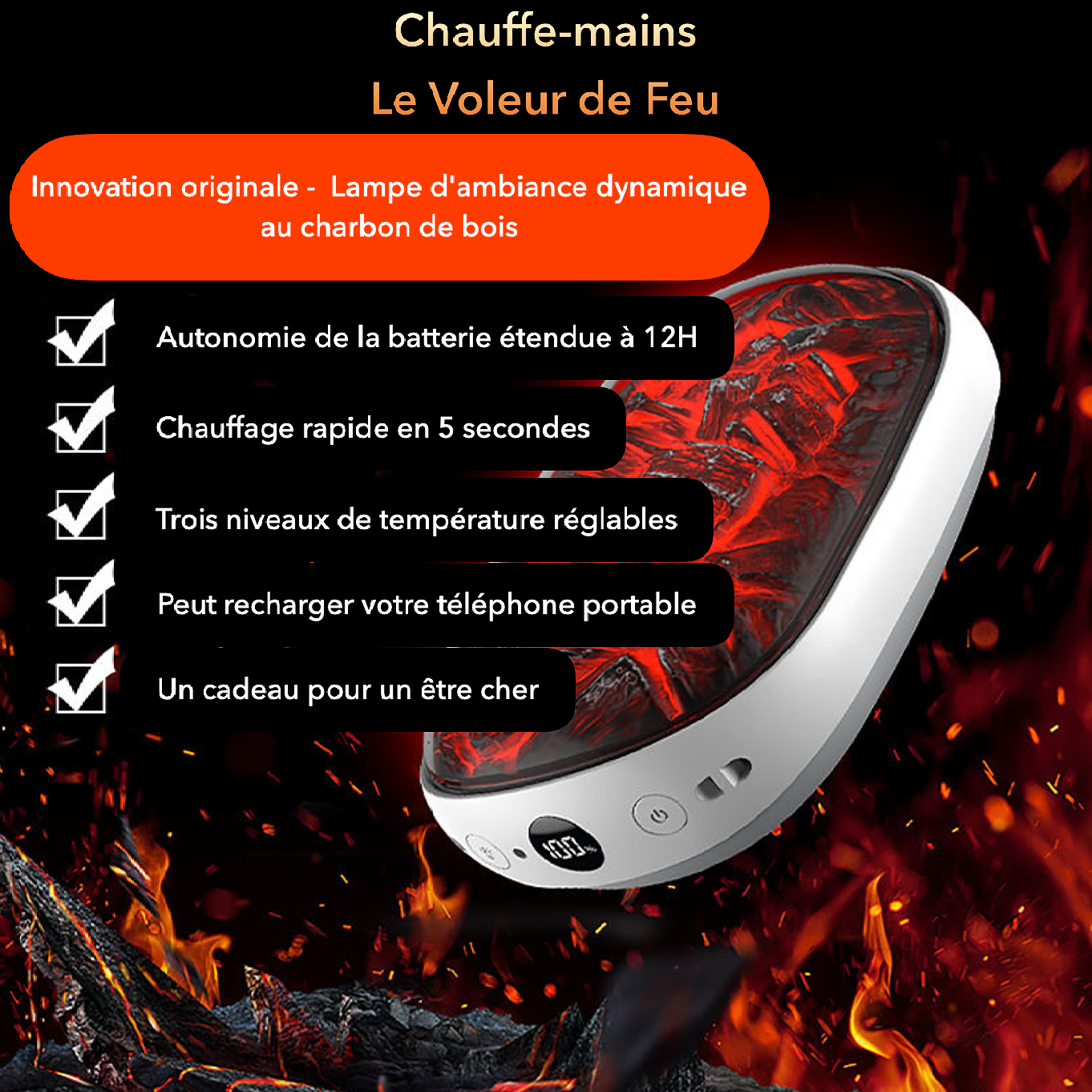 Scaldamani leggero ricaricabile con effetto fiamma – Riscaldamento rapido, 3 livelli, USB-C, Power Bank 2000 mAh