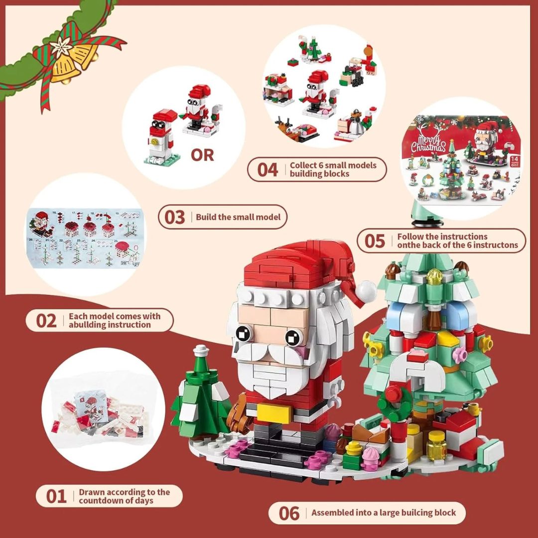 Calendario dell'Avvento di Natale – Set di blocchi 6 in 1 con Babbo Natale e albero
