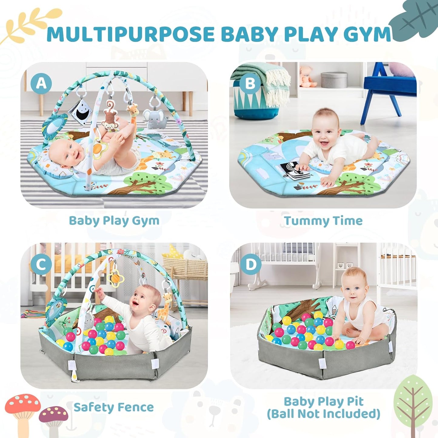 Tappeto da gioco multifunzione per neonato, sviluppo e gioco con archi di attività e piscina di palline
