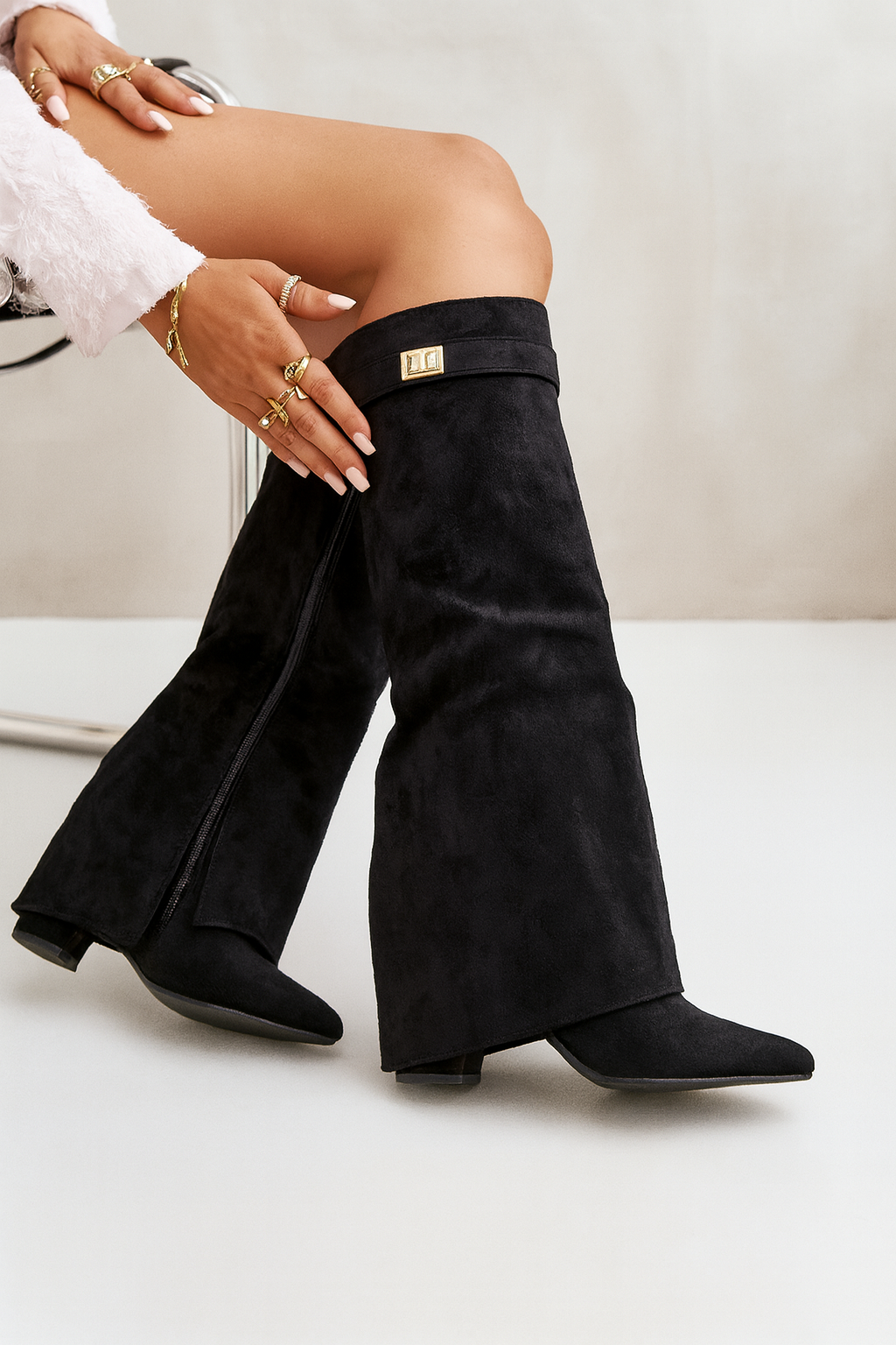 Stivali alti da donna in pelle premium con tacco a blocco