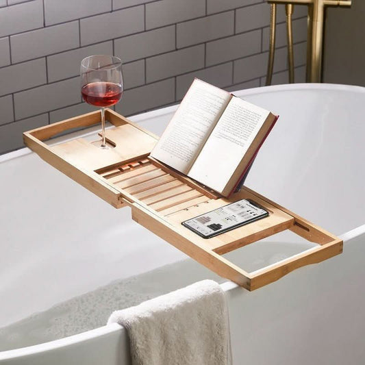 Solavera Vassoio Relax in Bambù | Vassoio per vasca da bagno estensibile | Sostenibile ed elegante | Con portabicchiere e porta-libro per godersi una spa a casa