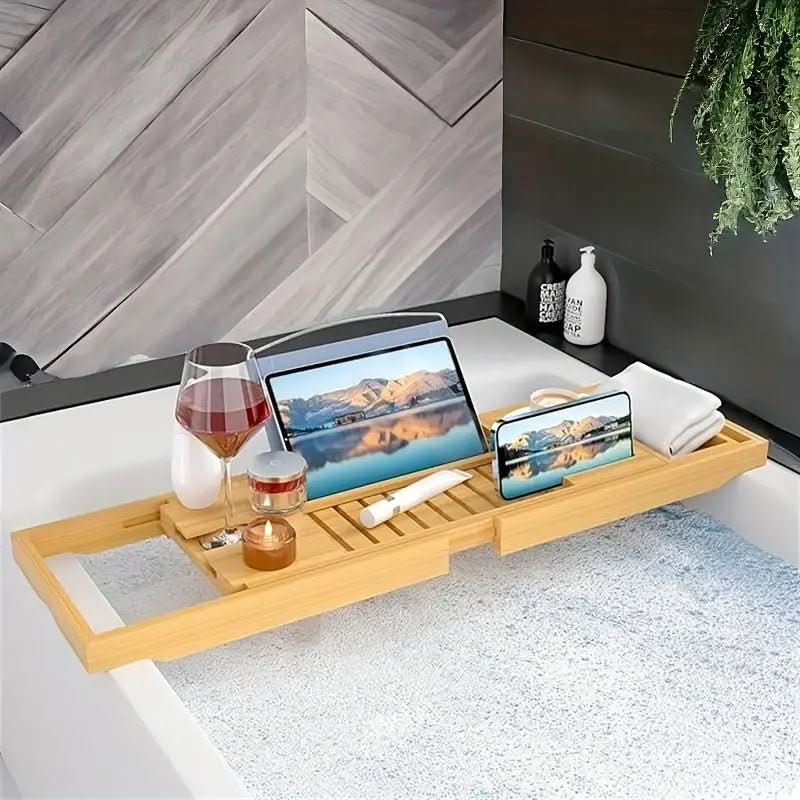 Solavera Vassoio Relax in Bambù | Vassoio per vasca da bagno estensibile | Sostenibile ed elegante | Con portabicchiere e porta-libro per godersi una spa a casa