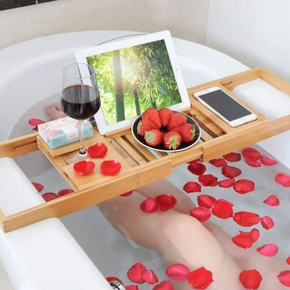 Solavera Vassoio Relax in Bambù | Vassoio per vasca da bagno estensibile | Sostenibile ed elegante | Con portabicchiere e porta-libro per godersi una spa a casa