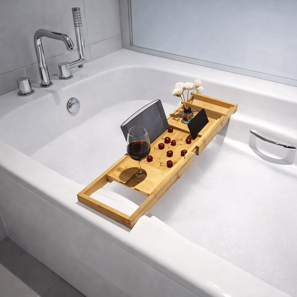 ÉLAMBRA – Vassoio da bagno in bambù elegante con ripiano regolabile e funzioni rilassanti