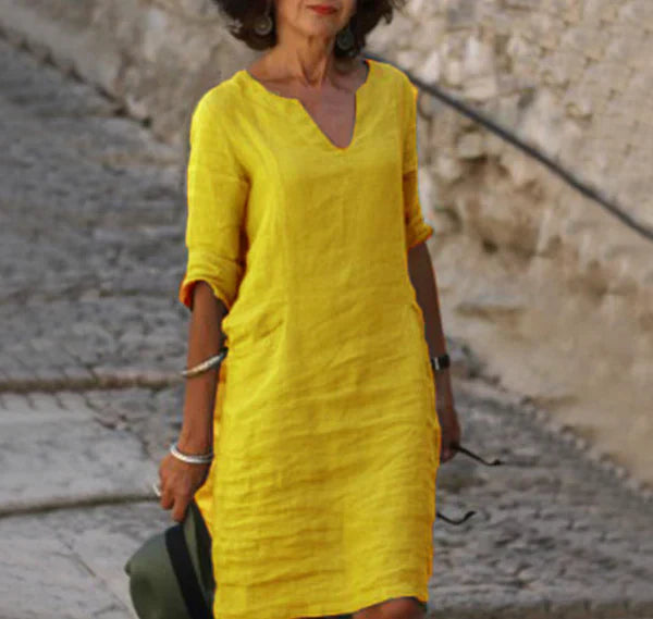 Solènea | Vestito lungo in lino con maniche lunghe e scollo a V – Eleganza Naturale