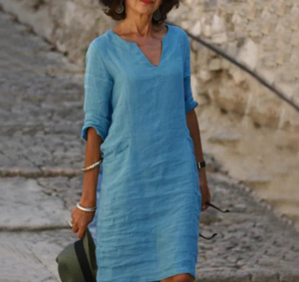 Solènea | Vestito lungo in lino con maniche lunghe e scollo a V – Eleganza Naturale
