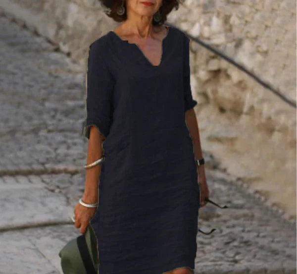 Solènea | Vestito lungo in lino con maniche lunghe e scollo a V – Eleganza Naturale