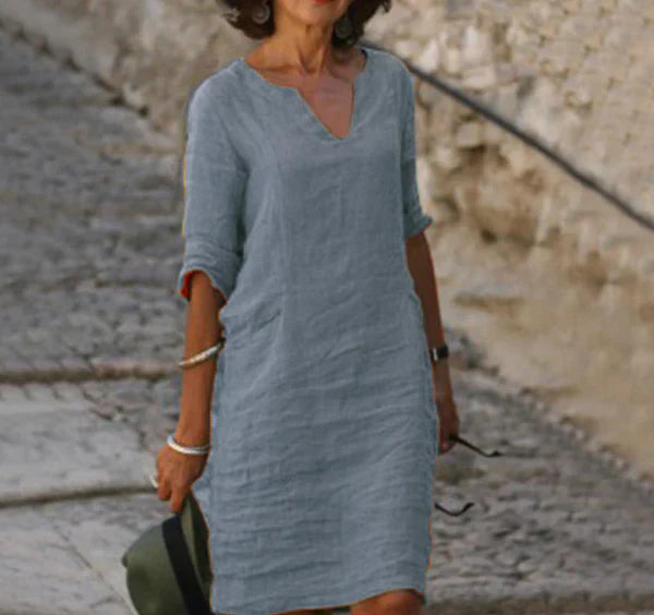 Solènea | Vestito lungo in lino con maniche lunghe e scollo a V – Eleganza Naturale
