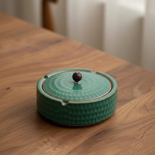 SERENASH – Portacenere minimalista in ceramica con coperchio in legno