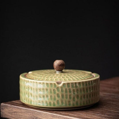 SERENASH – Portacenere minimalista in ceramica con coperchio in legno