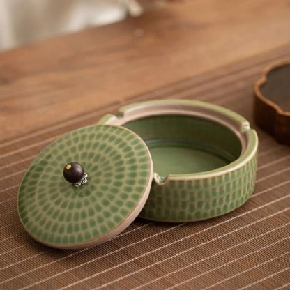 SERENASH – Portacenere minimalista in ceramica con coperchio in legno