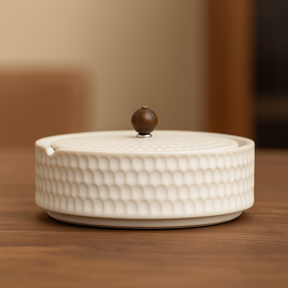 SERENASH – Portacenere minimalista in ceramica con coperchio in legno