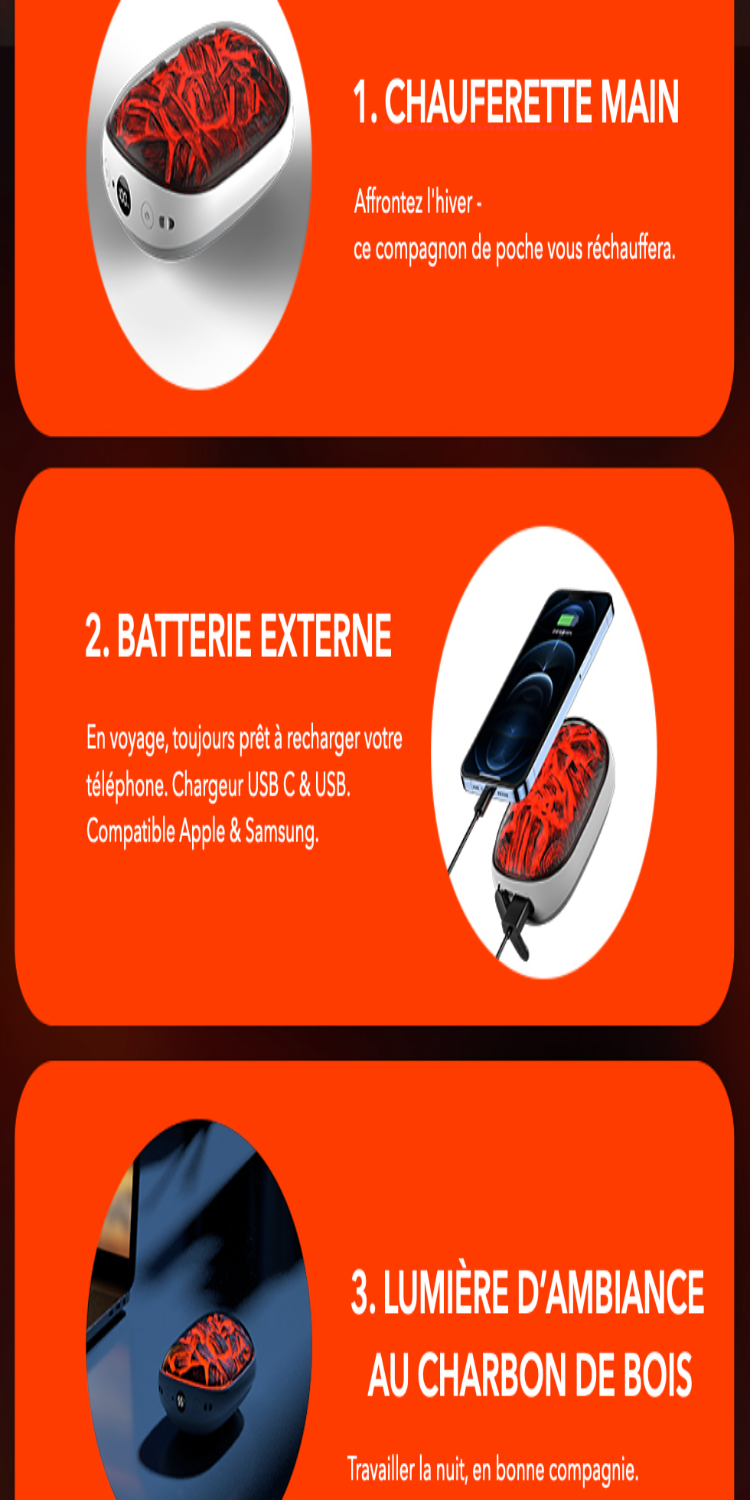 Scaldamani leggero ricaricabile con effetto fiamma – Riscaldamento rapido, 3 livelli, USB-C, Power Bank 2000 mAh