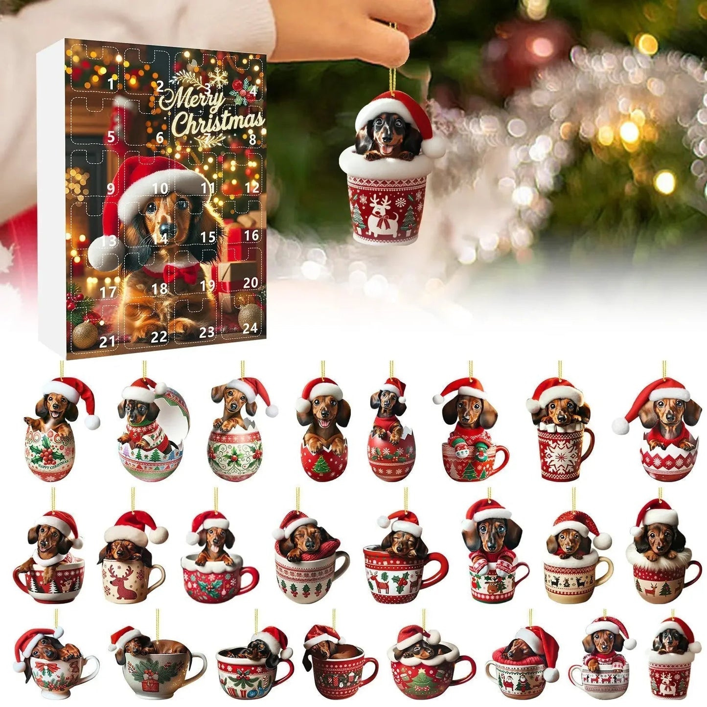DachshundCharm | Calendario dell'Avvento in acrilico con cane per il conto alla rovescia delle feste
