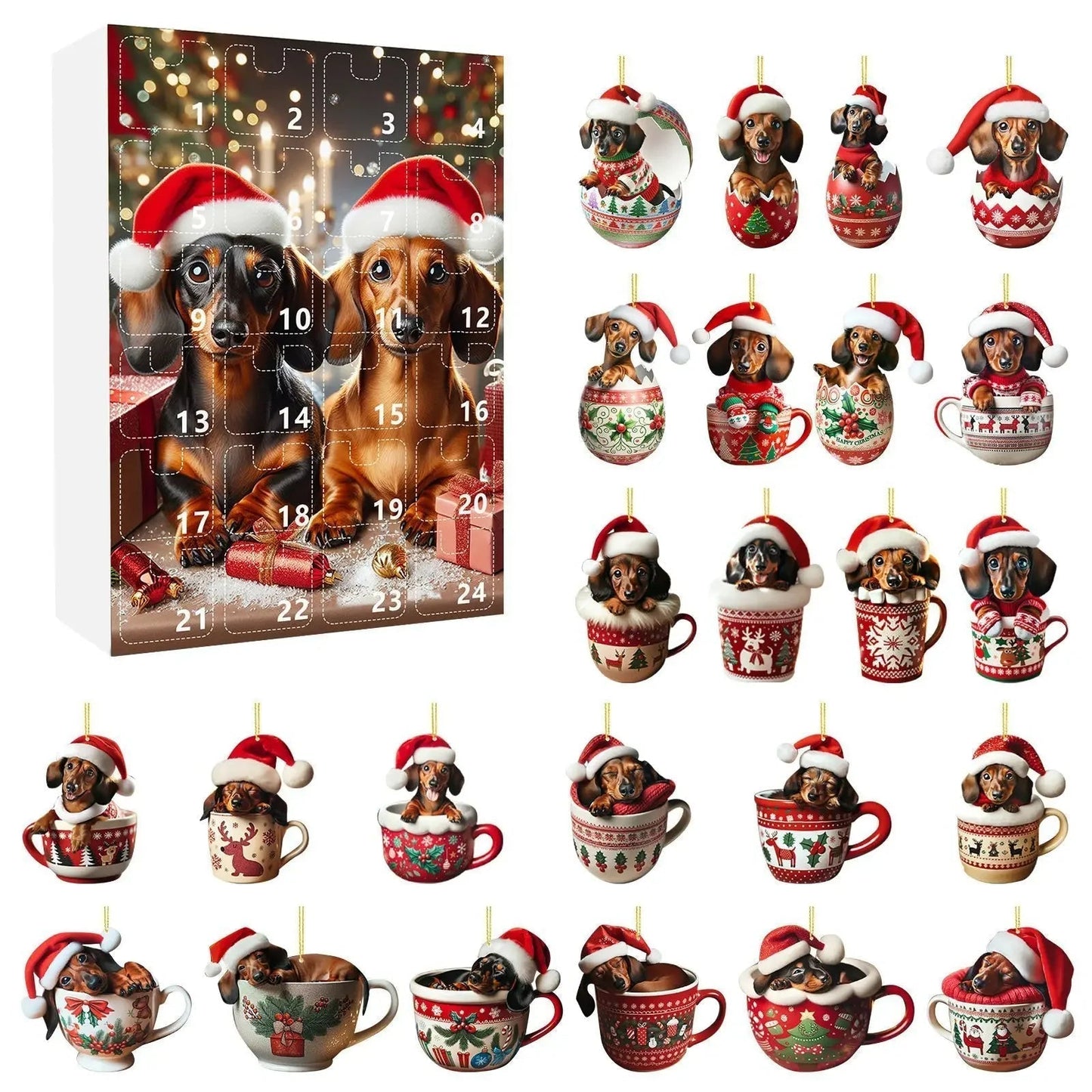 DachshundCharm | Calendario dell'Avvento in acrilico con cane per il conto alla rovescia delle feste