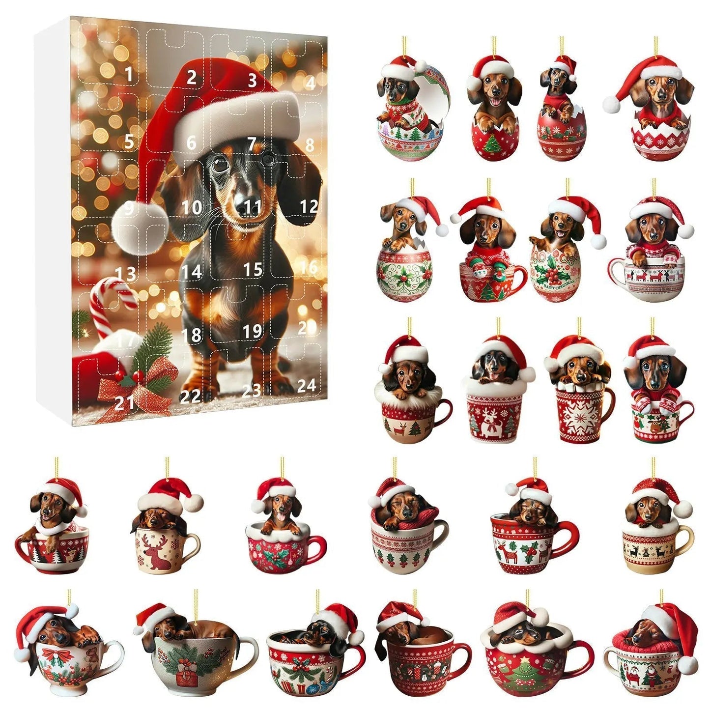 DachshundCharm | Calendario dell'Avvento in acrilico con cane per il conto alla rovescia delle feste