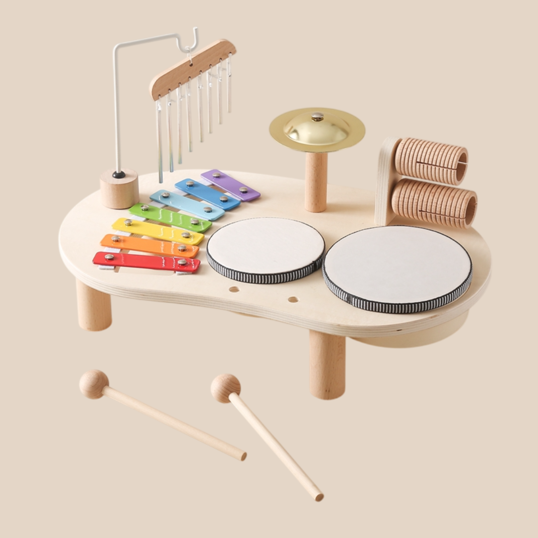 Tavolo Musicale in Legno Educativo per Bambini – Include xilofono, tamburi e piatti!
