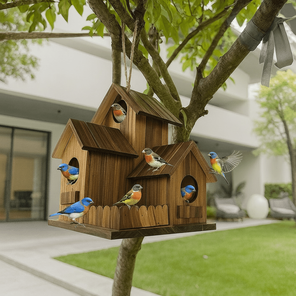 TIMBERROOST – Casetta per uccelli rustica in legno massiccio con più camere di nidificazione per uso esterno