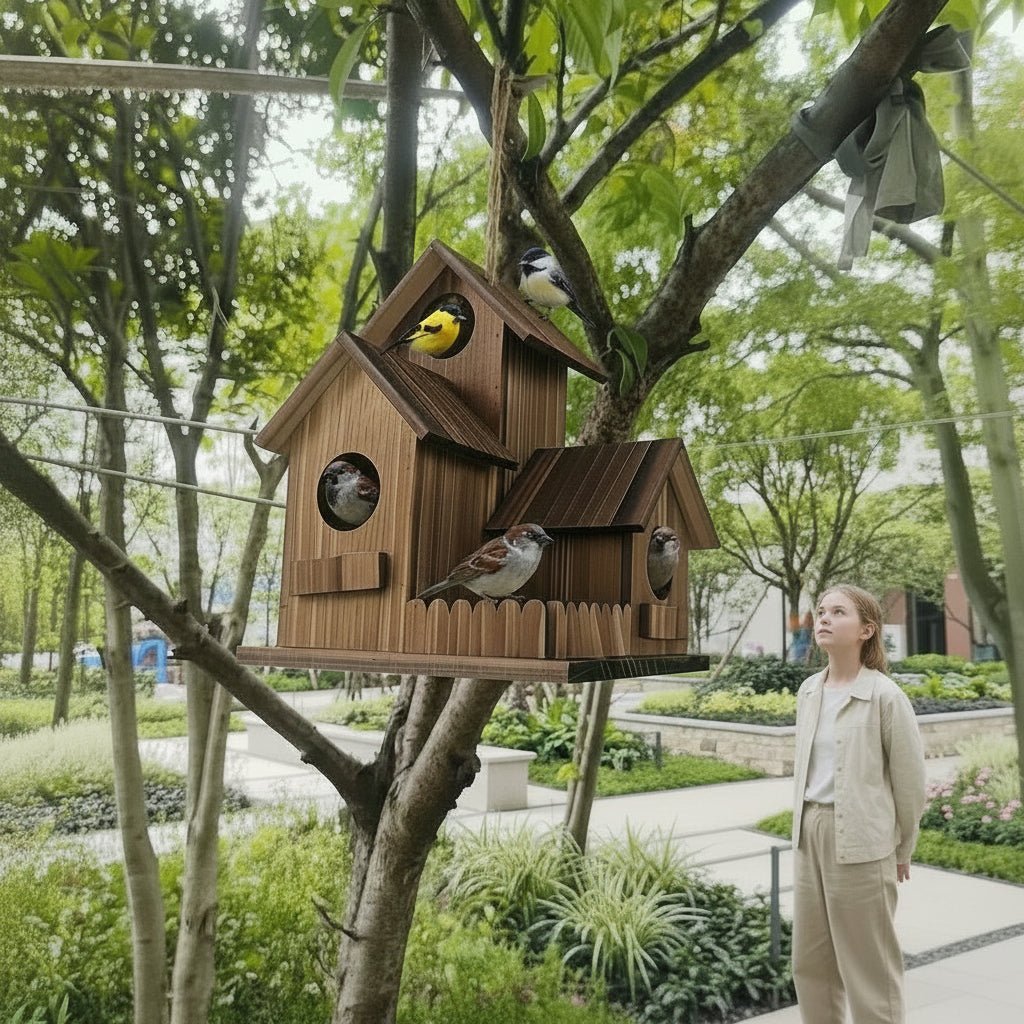 TIMBERROOST – Casetta per uccelli rustica in legno massiccio con più camere di nidificazione per uso esterno