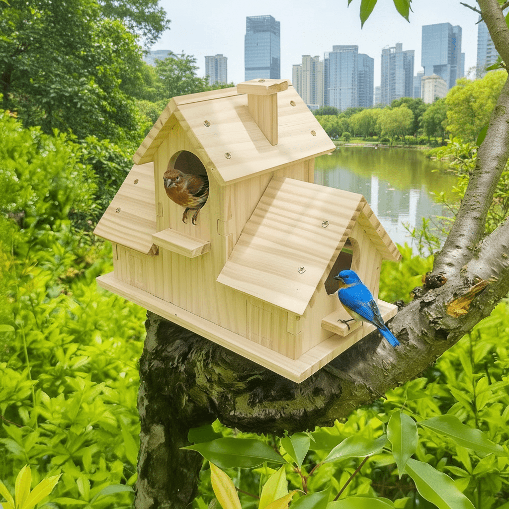 BIRDWALDEN – Casetta per uccelli rustica realizzata in legno massiccio, con una cassetta di nidificazione a più camere per uccelli da giardino