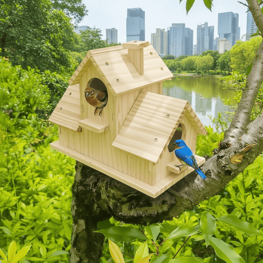 BIRDWALDEN – Casetta per uccelli rustica realizzata in legno massiccio, con una cassetta di nidificazione a più camere per uccelli da giardino