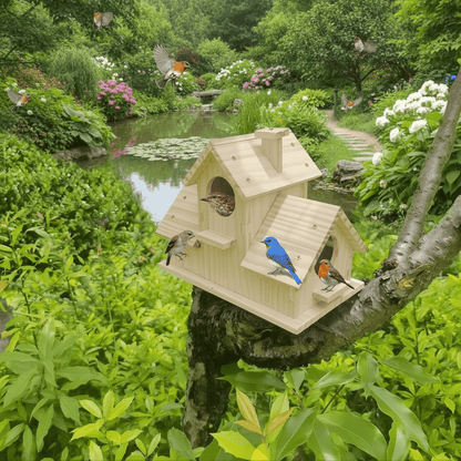 BIRDWALDEN – Casetta per uccelli rustica realizzata in legno massiccio, con una cassetta di nidificazione a più camere per uccelli da giardino